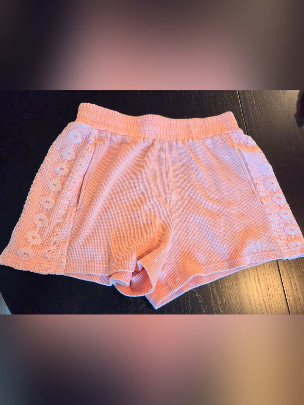 Hem & Thread Cotton Peach High Waist Lounge Shorts Crochet Lace Trim, S - Picture 2 of 7